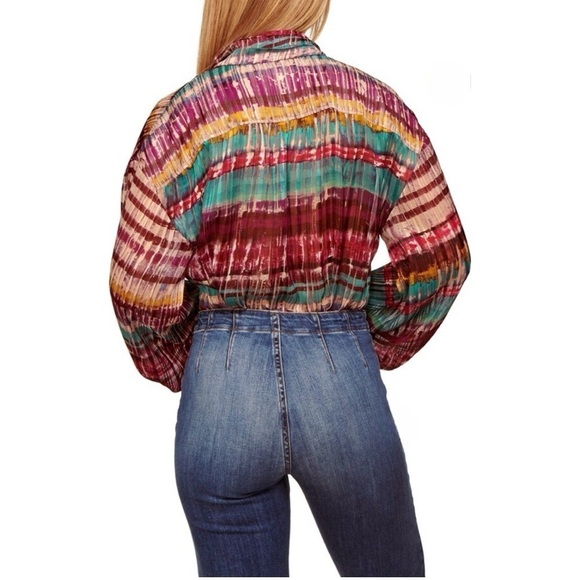 RAMY BROOK Vance Balloon Sleeve Semi Sheer Metallic Button Down Blouse Top Small - Picture 2 of 10